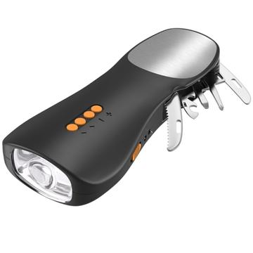 Lampe de poche multifonctionnelle à manivelle avec radio FM, set d\'outils, batterie externe - Noir