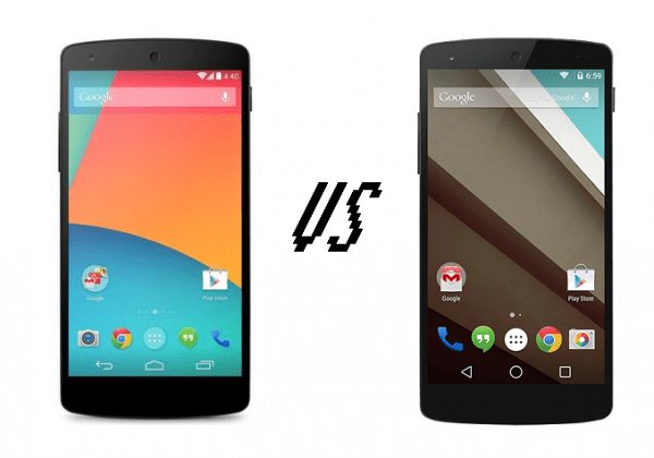 Nexus 5 sous Android KitKat (gauche) et sous Android L (droite)