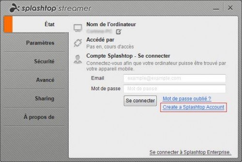 Création d'un compte sur splashtop