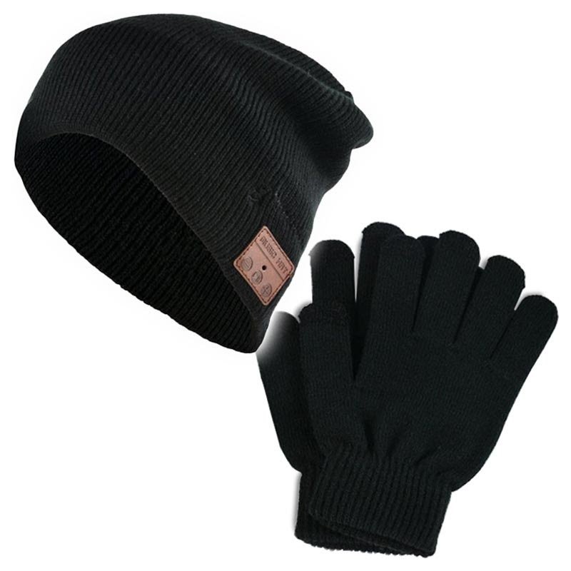 Gants d'hiver tactiles et bonnet avec écouteurs noirs