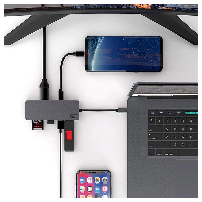 Adaptateur hub USB-C 7-en-1 Green Cell Adaptateur hub USB-C 7-en-1 Green Cell noir