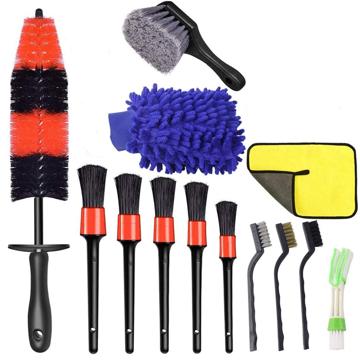 Lot de 13 brosses de nettoyage de roue de voiture comprenant 5 brosses de détail/3 brosses en fil d\'acier/brosse de jante/brosse d\'aération/brosse de pneu/gant de lavage de voiture/serviette