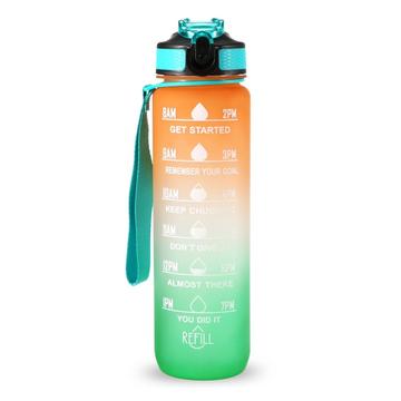 1L Sports Water Bottle with Time Marker Water Jug Leak proof Drinking Kettle for Office School Camping (BPA Free) - Orange/Green