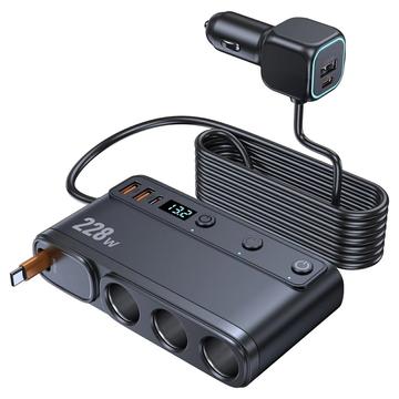228W Chargeur de voiture 9-en-1 avec chargeur allume-cigare rapide avec interrupteurs indépendants et affichage LED - Noir