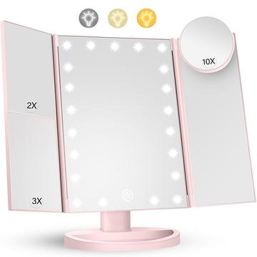 Miroir de maquillage pliable sur 3 côtés avec 22 lumières LED - grossissement 1X/2X/3X/10X - rose