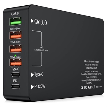 Chargeur Rapide 6 Ports avec USB-C PD & QC3.0 - 65W - Noir
