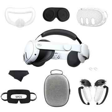 Kit d\'accessoires 9 pièces pour Meta Quest 3 : courroie de tête, étui de rangement en EVA, housses en silicone pour les poignées, et plus encore