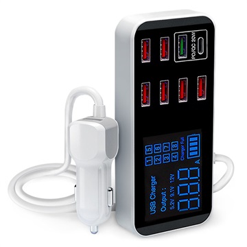 Chargeur Voiture avec 9 Ports et Écran LCD WLX-A9S+ - 7xUSB, QC3.0 USB, PD USB-C - 40W