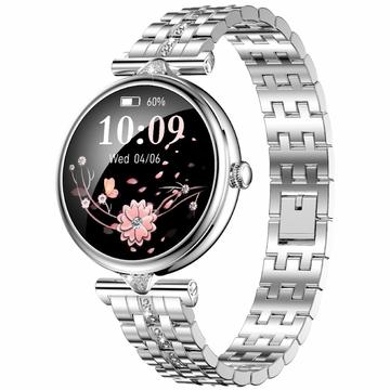 AK73 Montre intelligente pour femmes avec bracelet en acier inoxydable à pierres précieuses - Argent
