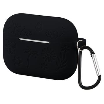 Étui en silicone liquide à motif floral AirPods Pro 3 avec mousqueton - Noir