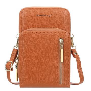 BAELLERRY N0110 Portefeuille à glissière double couche pour femme en cuir PU pour téléphone portable avec bandoulière (Emballage ouvert - Excellent) - Marron