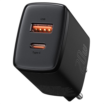 Chargeur Secteur Baseus Compact 20W - USB-C PD3.0, USB QC3.0 - Noir