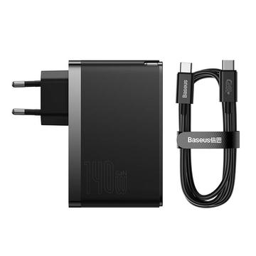 Baseus GaN5 Pro 140W Wall Charger w. USB-C Charging Cable - 2xUSB-C, USB-A - Noir