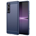 Coque Sony Xperia 1 V en TPU Brossé - Fibre de Carbone - Bleue