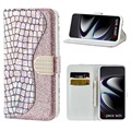 Etui Portefeuille Samsung Galaxy S21 Ultra 5G - Série Croco Bling - Rose Doré