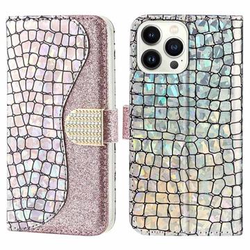 Etui Portefeuille iPhone 14 Pro Max Croco Bling - Rose doré