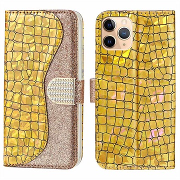 Etui Portefeuille iPhone 13 Pro Croco Bling - Doré