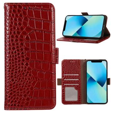 Étui Portefeuille iPhone 14 en Cuir avec RFID Crocodile Séries - Rouge
