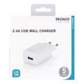 Deltaco Chargeur mural USB - 2.4A - Blanc