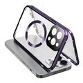 Coque anti-chute en verre trempé double face + cadre métallique magnétique pour iPhone 15 Compatible avec la housse de téléphone MagSafe avec fermeture à boucle - Violet