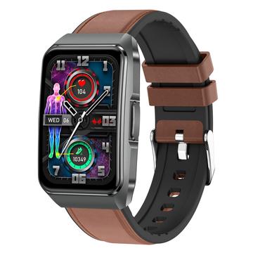 ET650 Montre intelligente avec température corporelle, moniteur de santé et appel Bluetooth - Bracelet en cuir et silicone - Marron