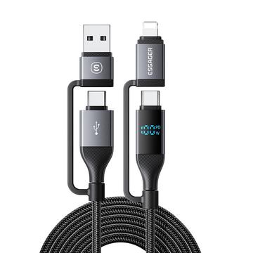 Câble de charge rapide Essager 4-en-1 100W avec affichage de la puissance - 2m - Noir