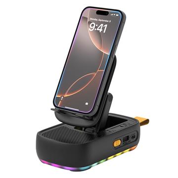 F15 Support de téléphone pliable 3-en-1 avec haut-parleur Bluetooth et banque d\'alimentation 1200mAh - Noir