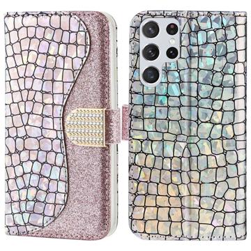 Etui Portefeuille Samsung Galaxy S23 Ultra 5G - Série Croco Bling - Rose Doré