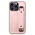 Coque Revêtue pour iPhone 14 Pro avec Sangle et Porte-Cartes - Crocodile - Rose