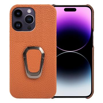 Coque iPhone 14 Pro Max Revêtue de Cuir avec Support Bague - Marrone