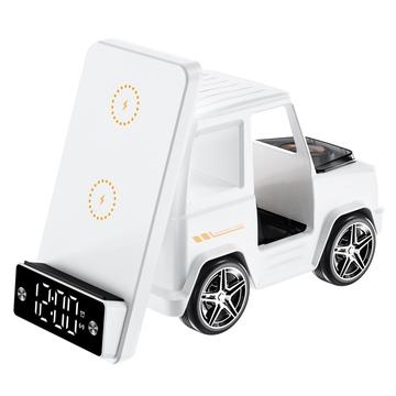 G63 Chargeur sans fil 15W en forme de voiture avec haut-parleur Bluetooth, horloge et lumière d\'ambiance