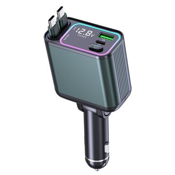 GC08A Chargeur de voiture avec éclairage ambiant, affichage de la tension et deux câbles rétractables de type C