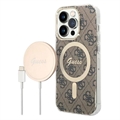Coque iPhone 14 Pro avec Chargeur Sans Fil - Guess 4G Edition Bundle Pack - Marron