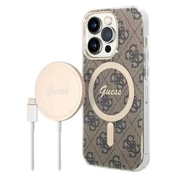 Coque iPhone 14 Pro avec Chargeur Sans Fil - Guess 4G Edition Bundle Pack - Marron