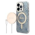 Coque iPhone 14 Pro Max avec Chargeur Sans Fil - Guess 4G Edition Bundle Pack - Bleue