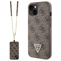 Coque iPhone 15 avec Crossbody Sangle Guess 4G Strass Triangle Metal Logo - Marrone