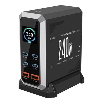 HHW 240W GaN Station de charge USB-C à 6 ports avec écran - 4xUSB-C, 2xUSB-A - Noir