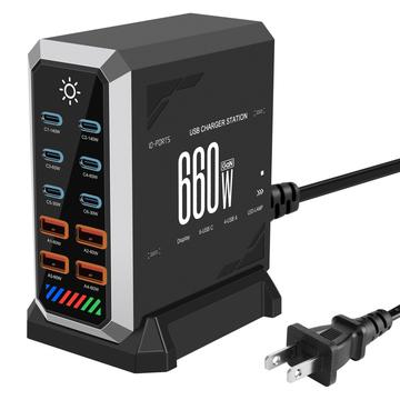 Station de charge USB-C à 10 ports avec écran HHW 660W GaN - 6xUSB-C, 4xUSB-A - Noir