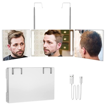 Miroir de courtoisie pliable triple LED haute définition avec crochet réglable - blanc