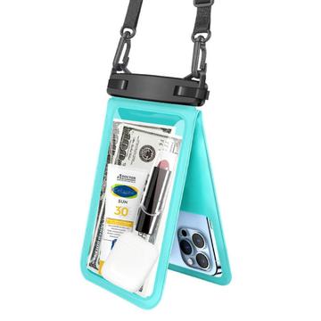 Pochette étanche en PVC IPX8 pour téléphone portable de moins de 9,5 pouces, double couche, étanche et sèche avec sangle - Cyan