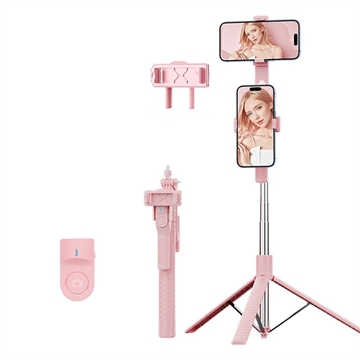 Perche à selfie Bluetooth K50 avec double clip pour téléphone et trépied avec télécommande - Rose