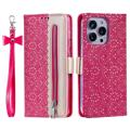 Étui Portefeuille iPhone 14 Pro Max Lace Pattern - Rose vif