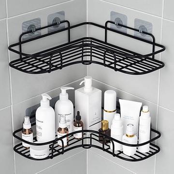 Grande étagère d\'angle en métal sans perçage pour salle de bains - Noir