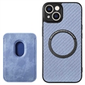 Coque iPhone 15 Plus avec Porte-Cartes - Fibre de Carbone - Bleue