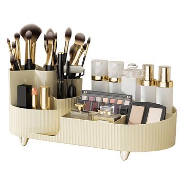 Plateau de rangement pour l\'organisation du maquillage avec porte-pinceau rotatif - Beige