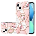 Coque iPhone 15 en TPU Marble Pattern IMD avec Support de Bague - Rose / Blanc
