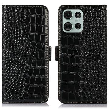 Étui Portefeuille Motorola Moto G75 en Cuir avec RFID - Série Crocodile - Noir