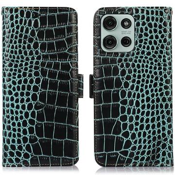 Étui Portefeuille Motorola Moto G75 en Cuir avec RFID - Série Crocodile - Vert