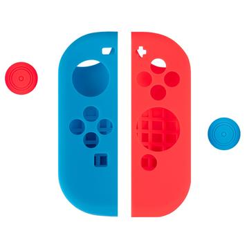 Étui en silicone pour manette Nintendo Switch avec capuchons de préhension pour le pouce - Rouge / Bleu