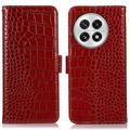 Étui Portefeuille OnePlus 13 en Cuir avec RFID - Série Crocodile - Rouge